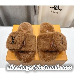 Good Quality Louis Vuitton Shearling Flat Slides Sandal with Zip Pouch Brown LV082905 0829109