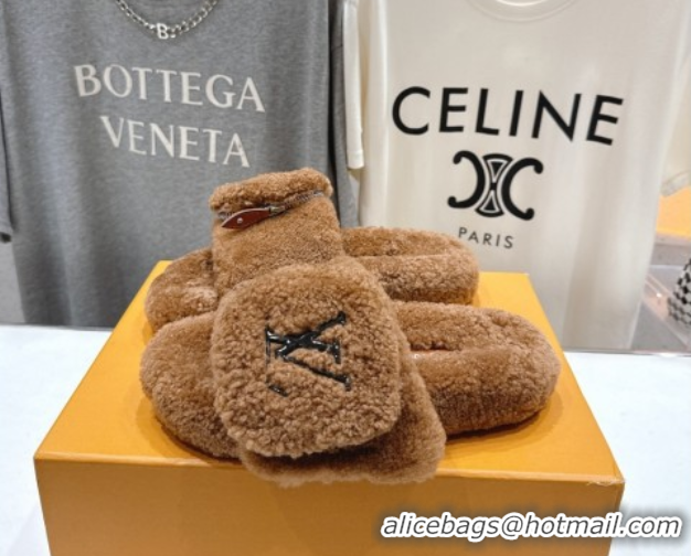 Good Quality Louis Vuitton Shearling Flat Slides Sandal with Zip Pouch Brown LV082905 0829109