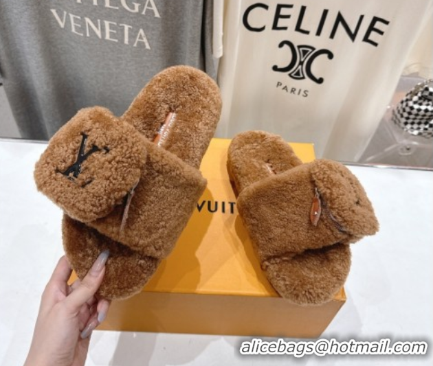 Good Quality Louis Vuitton Shearling Flat Slides Sandal with Zip Pouch Brown LV082905 0829109