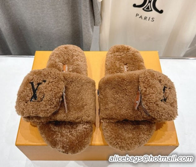 Good Quality Louis Vuitton Shearling Flat Slides Sandal with Zip Pouch Brown LV082905 0829109