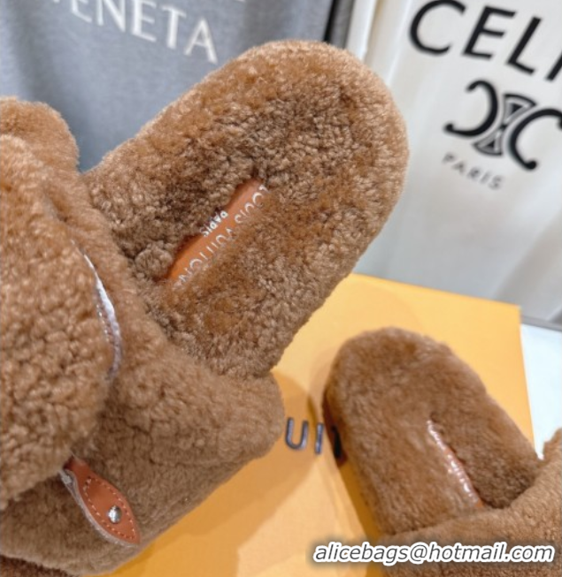 Good Quality Louis Vuitton Shearling Flat Slides Sandal with Zip Pouch Brown LV082905 0829109