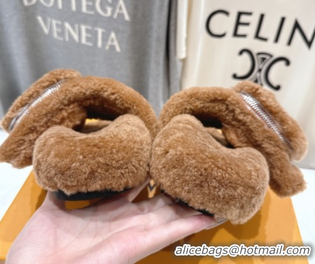 Good Quality Louis Vuitton Shearling Flat Slides Sandal with Zip Pouch Brown LV082905 0829109