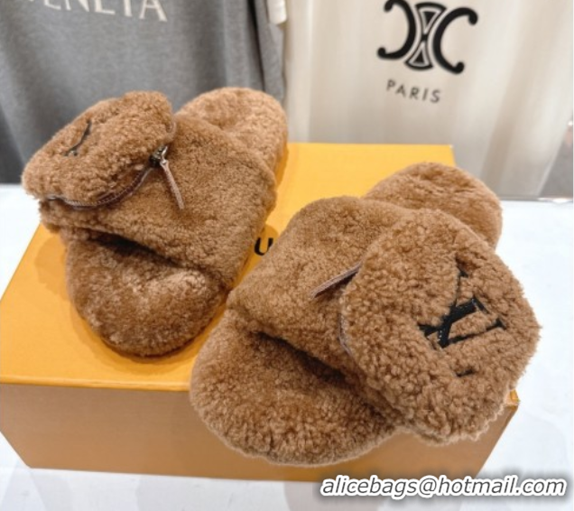 Good Quality Louis Vuitton Shearling Flat Slides Sandal with Zip Pouch Brown LV082905 0829109