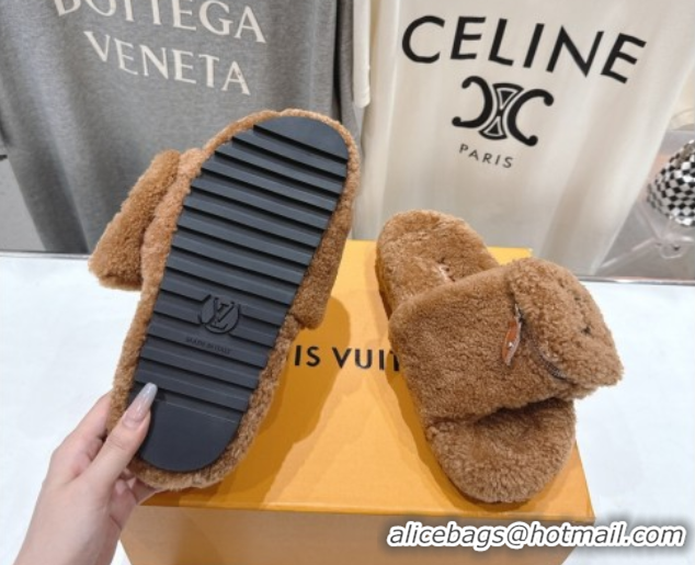 Good Quality Louis Vuitton Shearling Flat Slides Sandal with Zip Pouch Brown LV082905 0829109