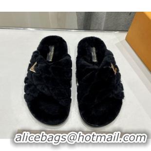 Classic Hot Louis Vuitton LV Bliss Comfort Shearling Flat Slides Sandal Black 1ACTEA 0829110