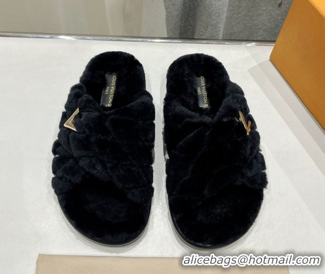 Classic Hot Louis Vuitton LV Bliss Comfort Shearling Flat Slides Sandal Black 1ACTEA 0829110