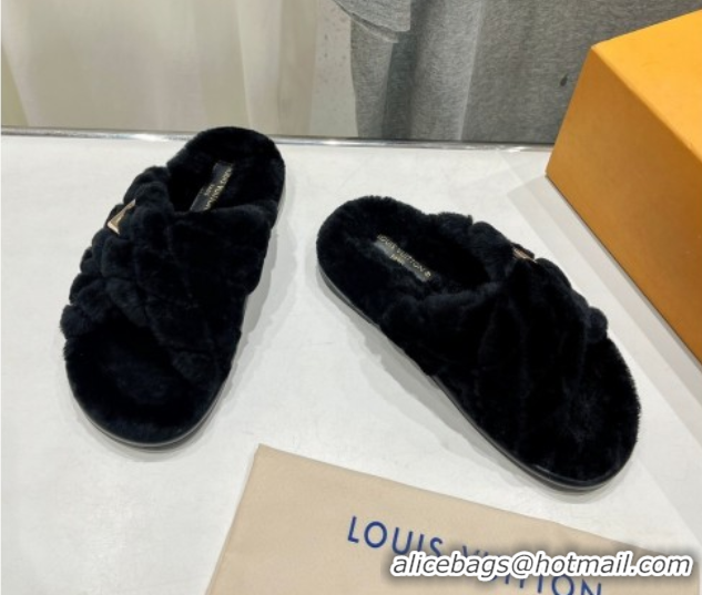 Classic Hot Louis Vuitton LV Bliss Comfort Shearling Flat Slides Sandal Black 1ACTEA 0829110