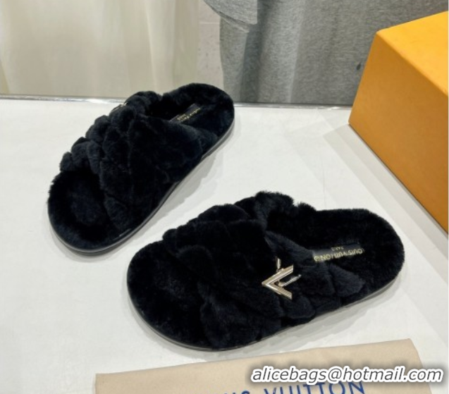 Classic Hot Louis Vuitton LV Bliss Comfort Shearling Flat Slides Sandal Black 1ACTEA 0829110