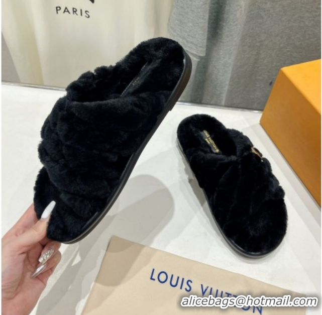 Classic Hot Louis Vuitton LV Bliss Comfort Shearling Flat Slides Sandal Black 1ACTEA 0829110