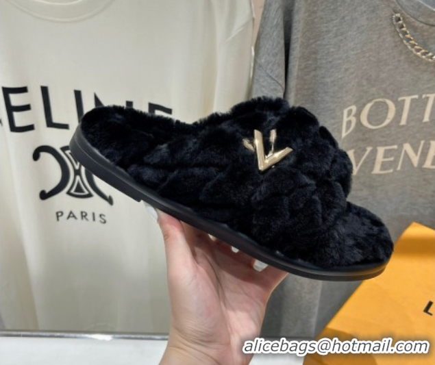 Classic Hot Louis Vuitton LV Bliss Comfort Shearling Flat Slides Sandal Black 1ACTEA 0829110
