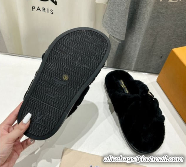 Classic Hot Louis Vuitton LV Bliss Comfort Shearling Flat Slides Sandal Black 1ACTEA 0829110