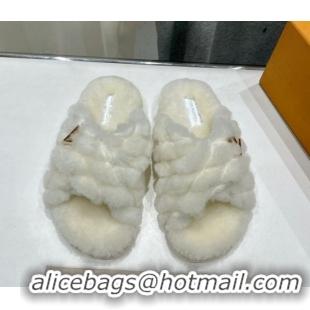 Good Looking Louis Vuitton LV Bliss Comfort Shearling Flat Slides Sandal White 1ACTEA 0829111
