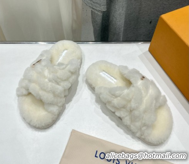 Good Looking Louis Vuitton LV Bliss Comfort Shearling Flat Slides Sandal White 1ACTEA 0829111