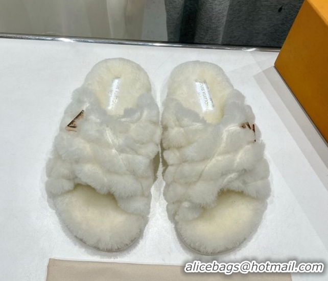 Good Looking Louis Vuitton LV Bliss Comfort Shearling Flat Slides Sandal White 1ACTEA 0829111