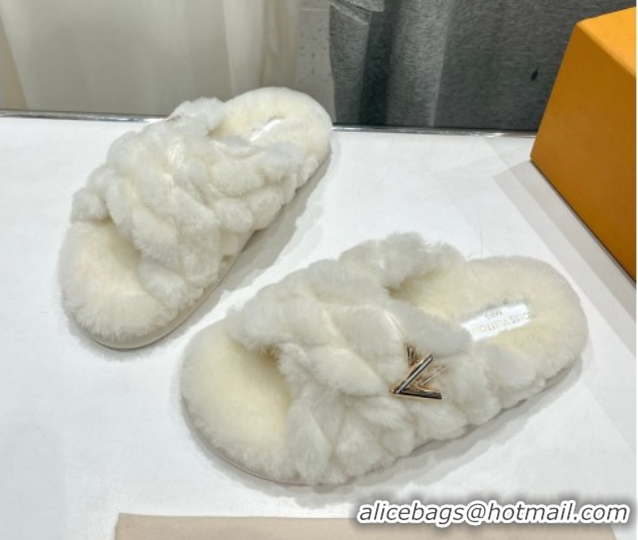 Good Looking Louis Vuitton LV Bliss Comfort Shearling Flat Slides Sandal White 1ACTEA 0829111