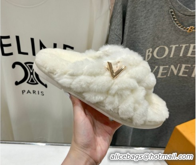 Good Looking Louis Vuitton LV Bliss Comfort Shearling Flat Slides Sandal White 1ACTEA 0829111