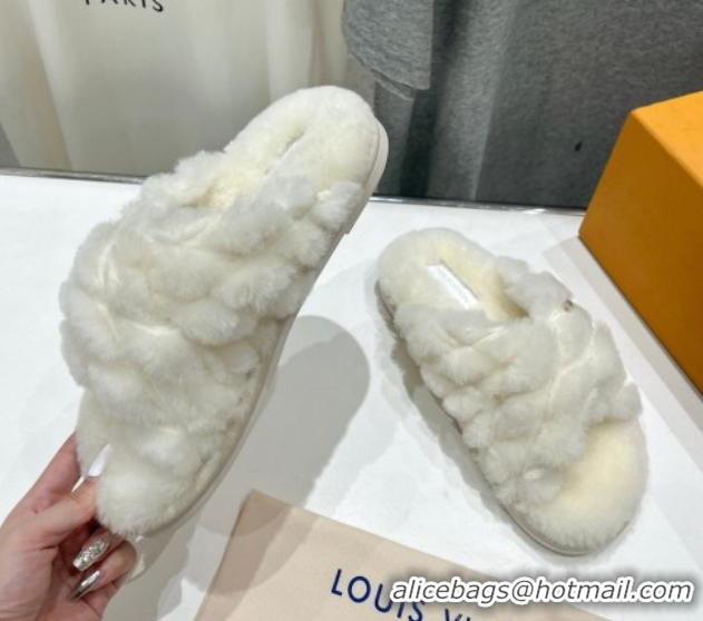 Good Looking Louis Vuitton LV Bliss Comfort Shearling Flat Slides Sandal White 1ACTEA 0829111
