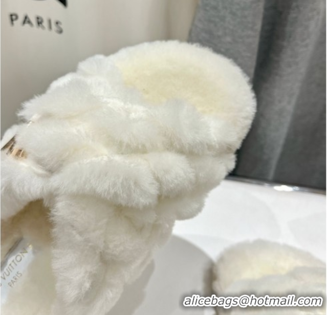 Good Looking Louis Vuitton LV Bliss Comfort Shearling Flat Slides Sandal White 1ACTEA 0829111