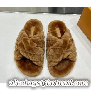 Grade Louis Vuitton LV Bliss Comfort Shearling Flat Slides Sandal Brown 1ACTEA 0829112