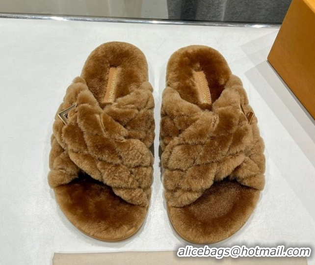 Grade Louis Vuitton LV Bliss Comfort Shearling Flat Slides Sandal Brown 1ACTEA 0829112