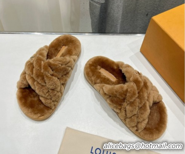 Grade Louis Vuitton LV Bliss Comfort Shearling Flat Slides Sandal Brown 1ACTEA 0829112