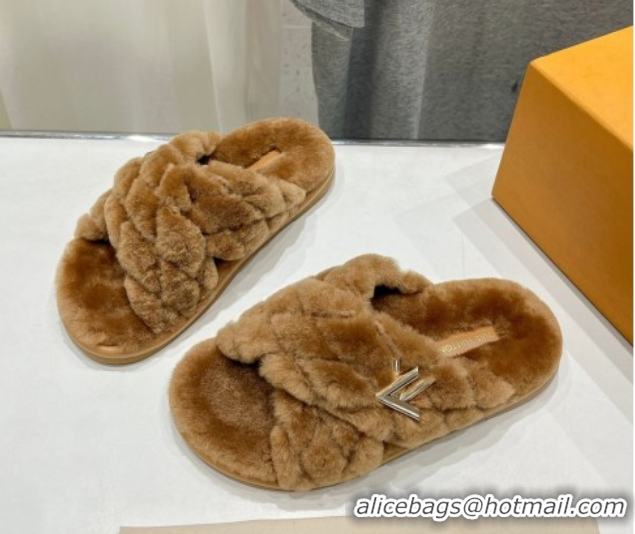 Grade Louis Vuitton LV Bliss Comfort Shearling Flat Slides Sandal Brown 1ACTEA 0829112