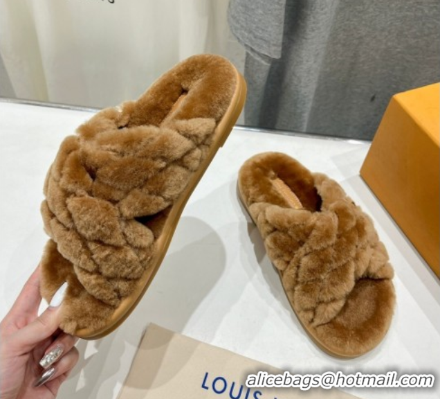 Grade Louis Vuitton LV Bliss Comfort Shearling Flat Slides Sandal Brown 1ACTEA 0829112