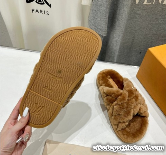 Grade Louis Vuitton LV Bliss Comfort Shearling Flat Slides Sandal Brown 1ACTEA 0829112