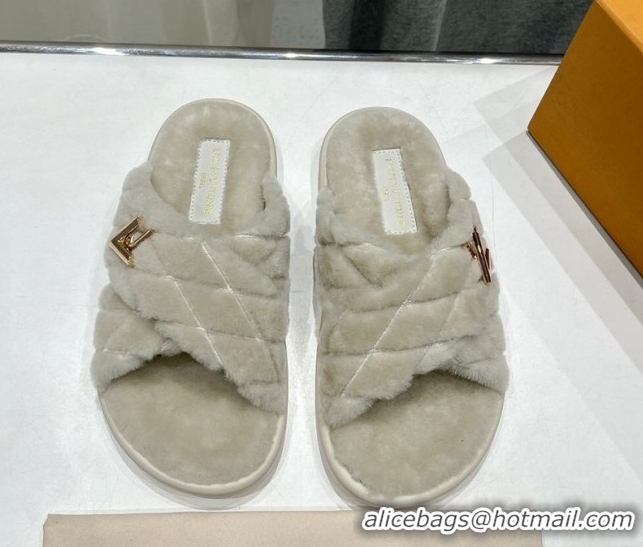Shop Duplicate Louis Vuitton LV Bliss Comfort Shearling Flat Slides Sandal Grey 1ACTEA 0829113