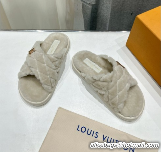 Shop Duplicate Louis Vuitton LV Bliss Comfort Shearling Flat Slides Sandal Grey 1ACTEA 0829113