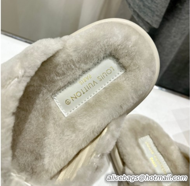 Shop Duplicate Louis Vuitton LV Bliss Comfort Shearling Flat Slides Sandal Grey 1ACTEA 0829113
