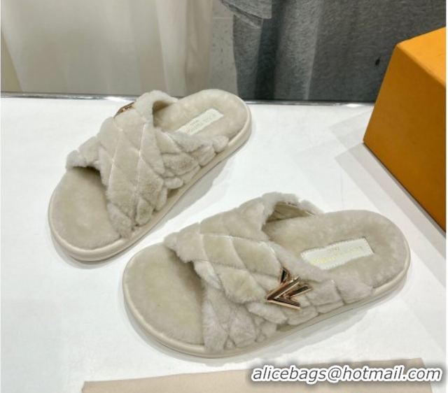 Shop Duplicate Louis Vuitton LV Bliss Comfort Shearling Flat Slides Sandal Grey 1ACTEA 0829113
