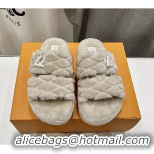 Best Product Louis Vuitton LV Bliss Comfort Shearling Platform Slides Sandal Grey LV082906 0829114