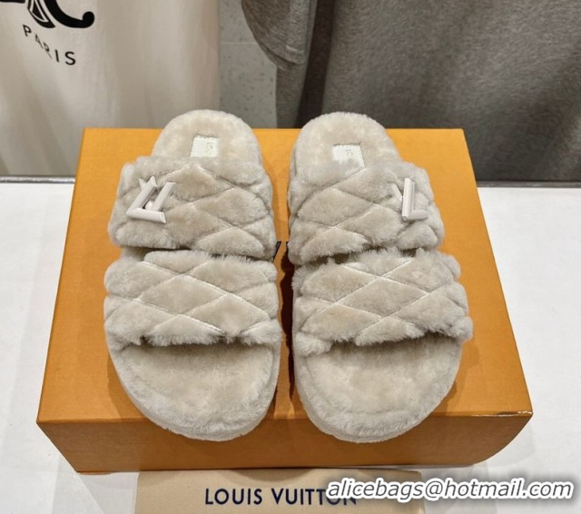 Best Product Louis Vuitton LV Bliss Comfort Shearling Platform Slides Sandal Grey LV082906 0829114