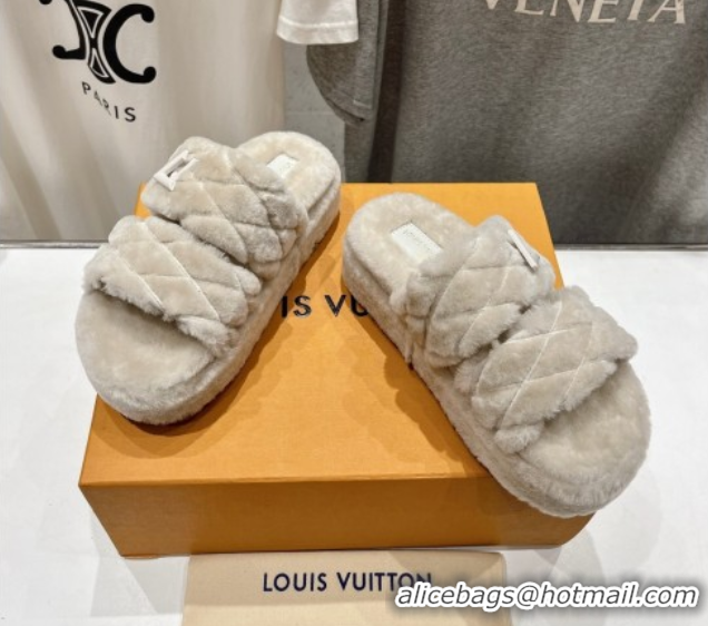 Best Product Louis Vuitton LV Bliss Comfort Shearling Platform Slides Sandal Grey LV082906 0829114