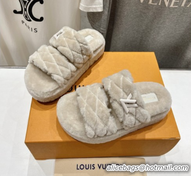 Best Product Louis Vuitton LV Bliss Comfort Shearling Platform Slides Sandal Grey LV082906 0829114