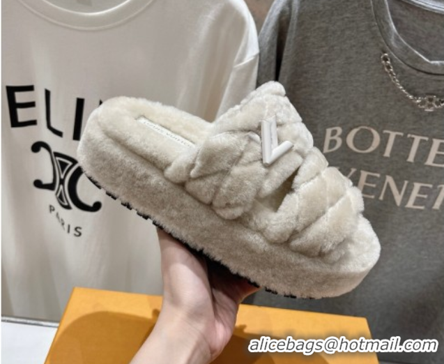Best Product Louis Vuitton LV Bliss Comfort Shearling Platform Slides Sandal Grey LV082906 0829114