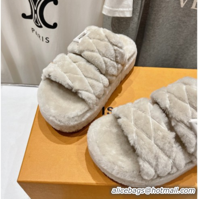 Best Product Louis Vuitton LV Bliss Comfort Shearling Platform Slides Sandal Grey LV082906 0829114