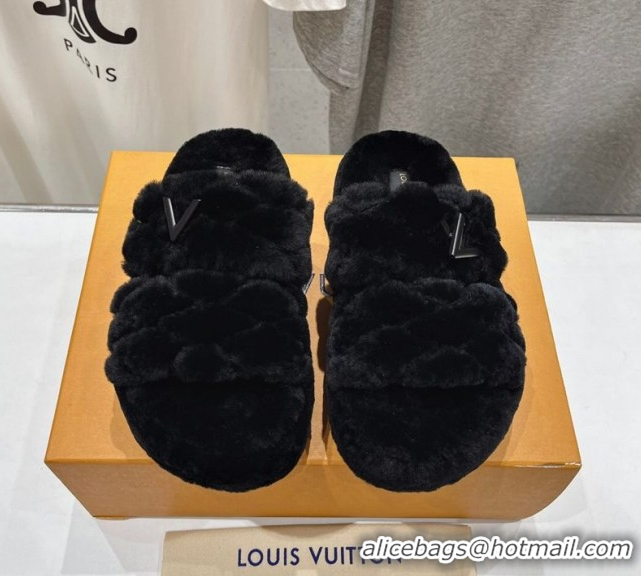 Durable Louis Vuitton LV Bliss Comfort Shearling Platform Slides Sandal Black LV082906 0829115