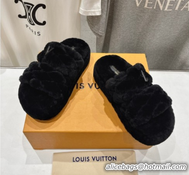 Durable Louis Vuitton LV Bliss Comfort Shearling Platform Slides Sandal Black LV082906 0829115