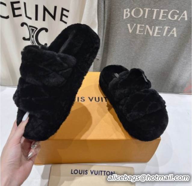 Durable Louis Vuitton LV Bliss Comfort Shearling Platform Slides Sandal Black LV082906 0829115