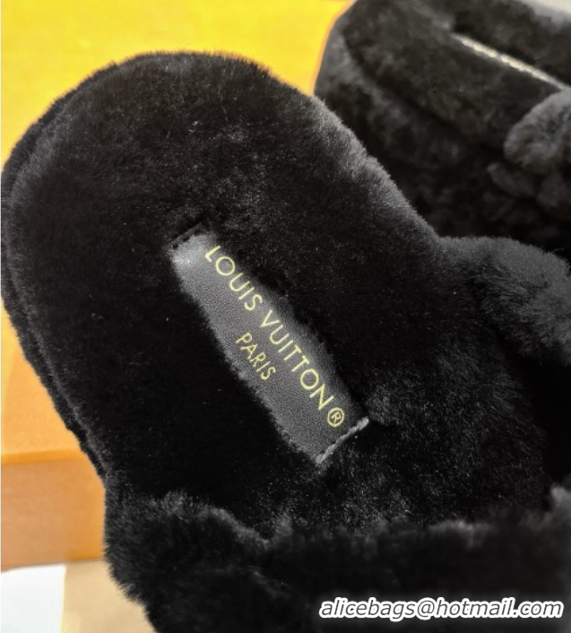 Durable Louis Vuitton LV Bliss Comfort Shearling Platform Slides Sandal Black LV082906 0829115