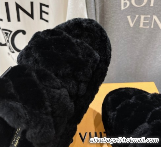 Durable Louis Vuitton LV Bliss Comfort Shearling Platform Slides Sandal Black LV082906 0829115