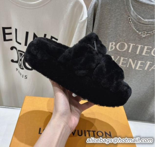 Durable Louis Vuitton LV Bliss Comfort Shearling Platform Slides Sandal Black LV082906 0829115
