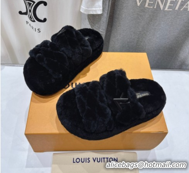 Durable Louis Vuitton LV Bliss Comfort Shearling Platform Slides Sandal Black LV082906 0829115