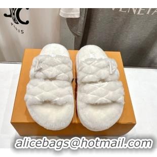Luxurious Louis Vuitton LV Bliss Comfort Shearling Platform Slides Sandal White 2025 LV082906 0829116