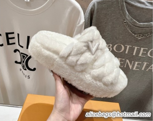 Luxurious Louis Vuitton LV Bliss Comfort Shearling Platform Slides Sandal White 2025 LV082906 0829116