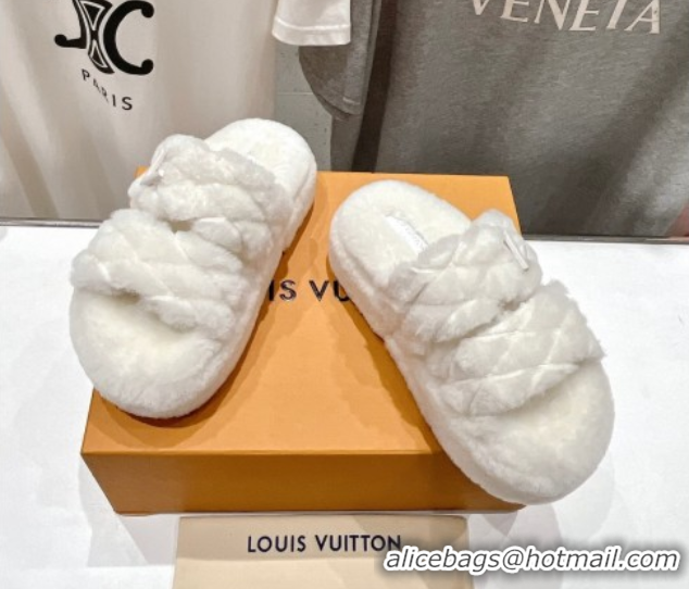 Luxurious Louis Vuitton LV Bliss Comfort Shearling Platform Slides Sandal White 2025 LV082906 0829116