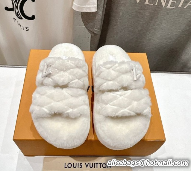 Luxurious Louis Vuitton LV Bliss Comfort Shearling Platform Slides Sandal White 2025 LV082906 0829116