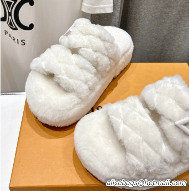 Luxurious Louis Vuitton LV Bliss Comfort Shearling Platform Slides Sandal White 2025 LV082906 0829116